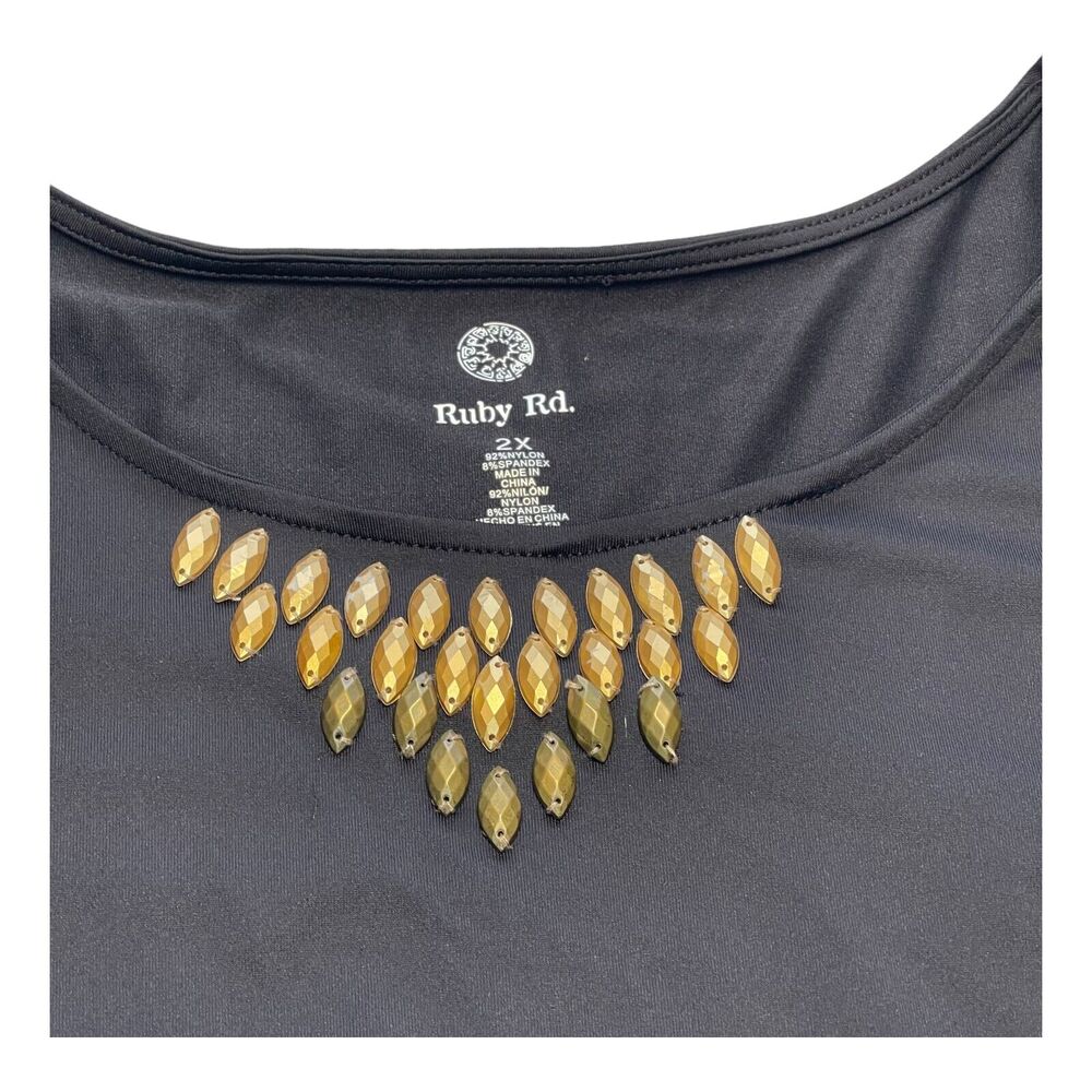 Ruby RD. Blouse Top Women's 2X Black Stretch Embellished Round Neck Long Sleeve - Picture 7 of 8
